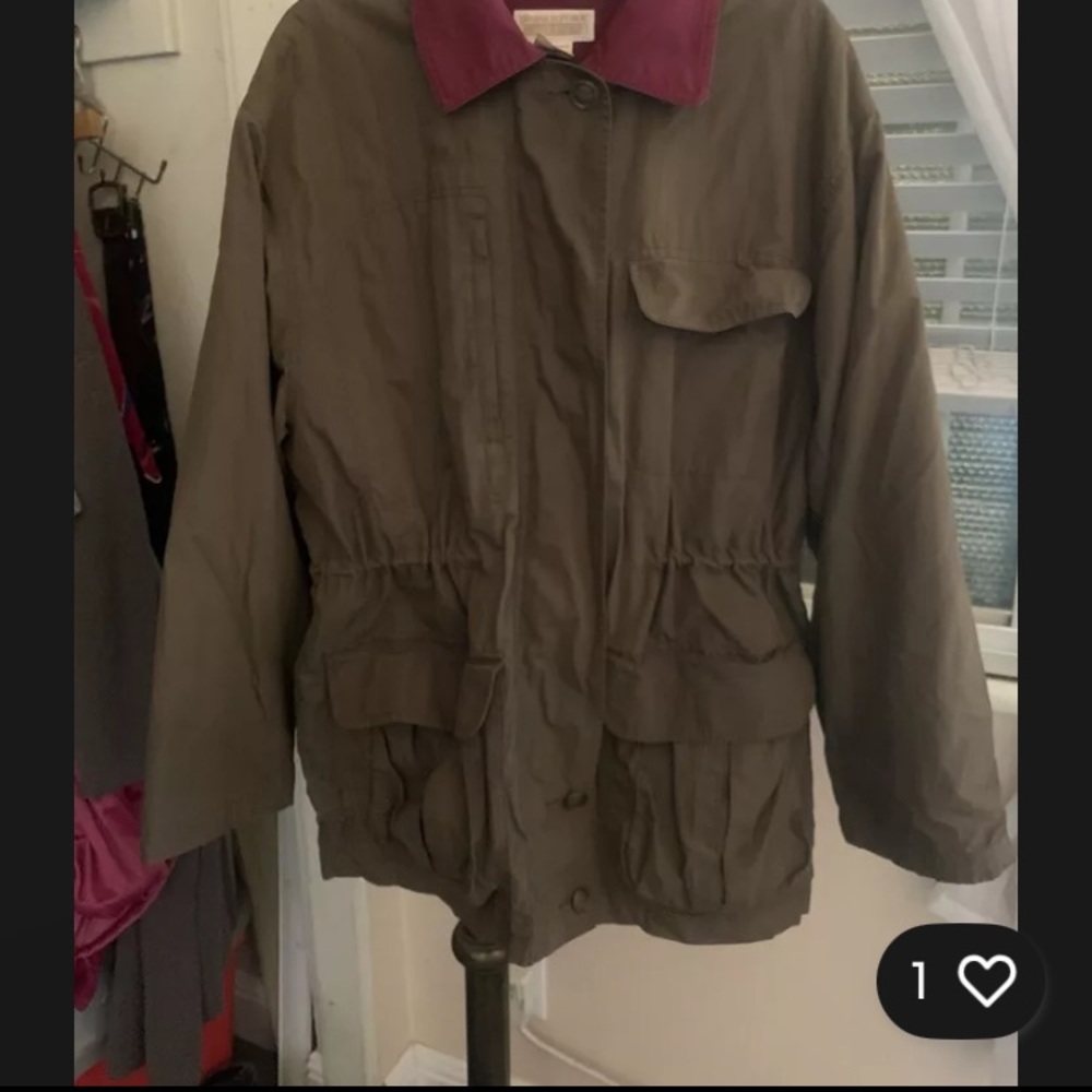 vintage Olive Green Jacket with Burgundy Collar